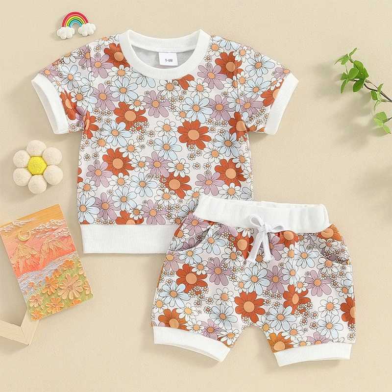 Clothing Sets Lioraitiin Newborn Baby Girls Summer Clothes Sets Kids Casual Outfits Floral Print Short Sleeve T-shirts+Pocket Shorts Beachwear R240708