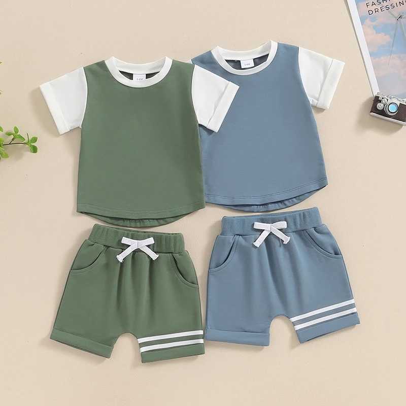 Clothing Sets 2024-03-26 Lioraitiin Summer Toddler Baby Boys 2PCS Shorts Sets Short Sleeve Contrast Color Tops and Drstring Shorts Sets R240708