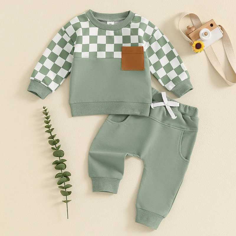 Clothing Sets 0-4Y Toddler Boys Fall Outfits Checkerboard Print Long Sleeve Pocket Sweatshirt and Pants Sets Kids Clothes Boy Tracksuits R240708