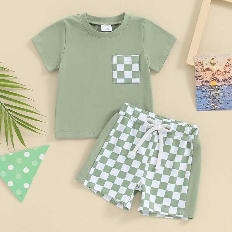 Clothing Sets 2023-12-27 Lioraitiin 0-3Y Toddler Baby Boy Summer Outfits Short Sleeve Tops Checkerboard Printed Shorts Clothes Set 2PCS R240708