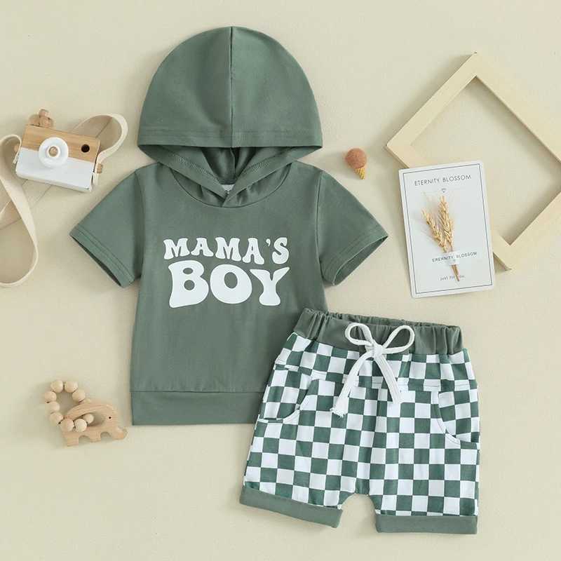 Clothing Sets 2023-12-28 Lioraitiin 0-3Y Toddler Baby Boy Summer Outfits Letter Print Short Sleeve Hooded Sweatshirts+Checkerboard Shorts Set R240708