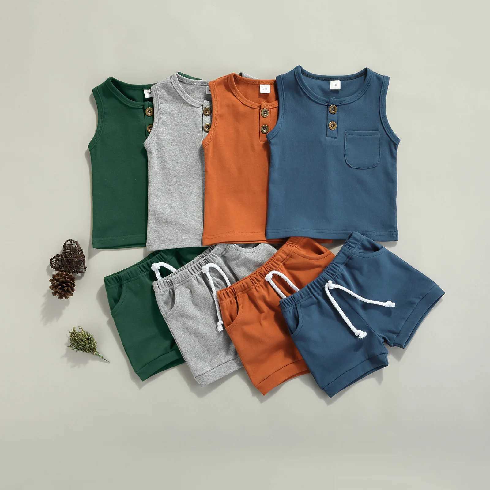 Clothing Sets 2 Pcs Newborn Summer Outfits Baby Solid Color Round Neck Tank Tops with Pocket + Drstring Shorts R240708