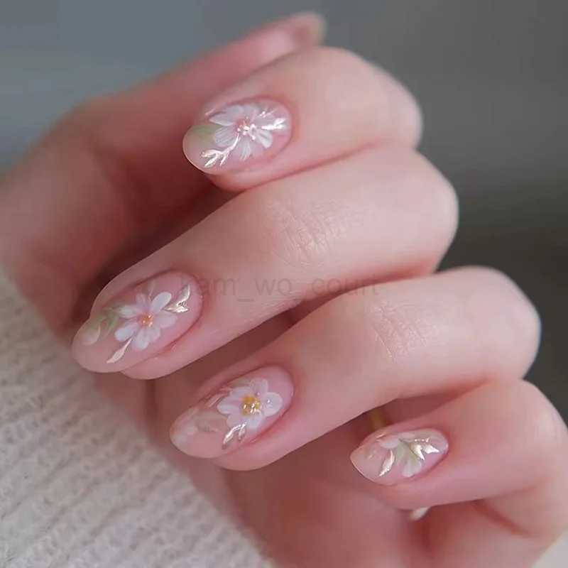 24Pcs Almond Fake Nails Gradient Pink Flower Designs Full Cover False Nails for Women Spring Summer Press on Nails Tips 2024M240708