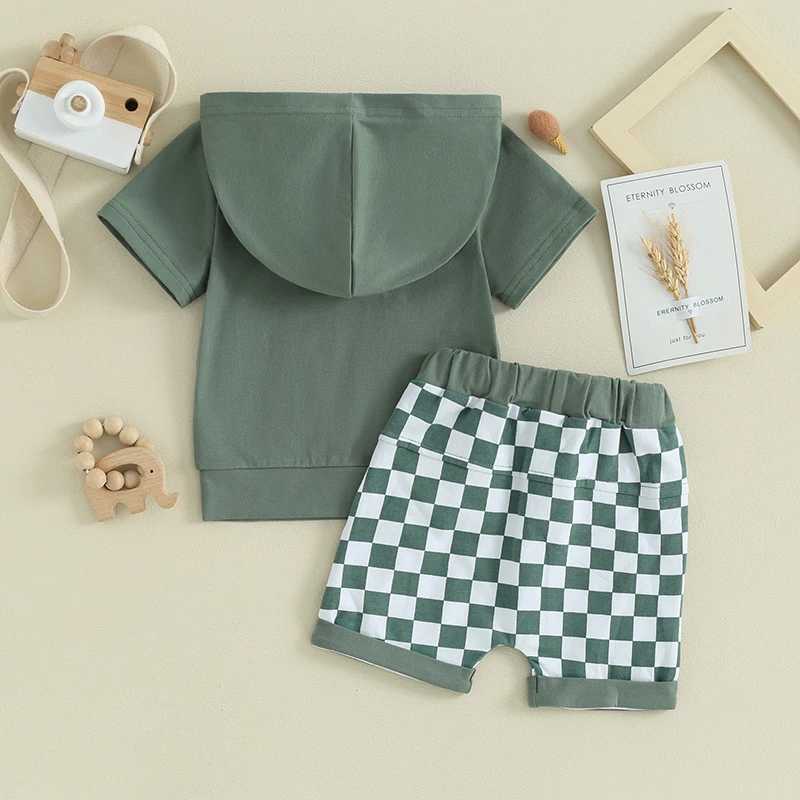 Clothing Sets 2023-12-28 Lioraitiin 0-3Y Toddler Baby Boy Summer Outfits Letter Print Short Sleeve Hooded Sweatshirts+Checkerboard Shorts Set R240708
