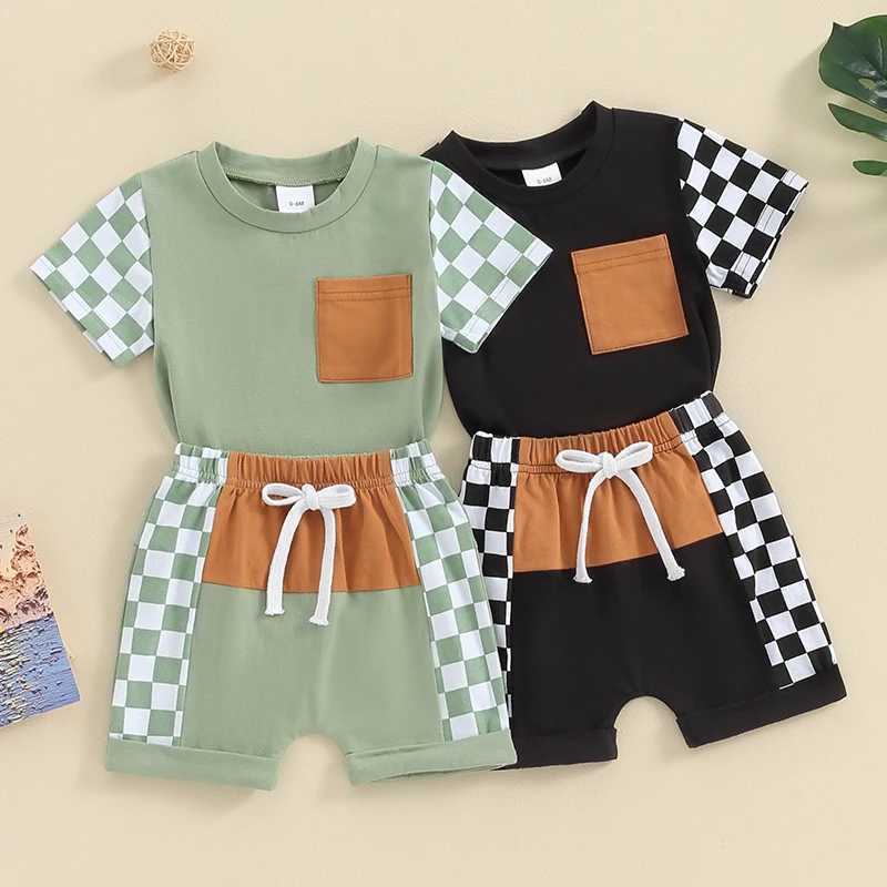 Clothing Sets 2023-12-25 Lioraitiin Toddler Baby Boy Summer Outfits Checkerboard Short Sleeve Tops + Patchwork Shorts Set Clothes R240708