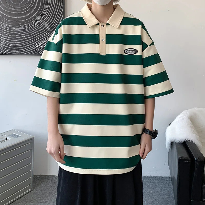 Striped Polo Shirt Men Tshirt Casual Short Sleeve Fashion Streetwear Mens Clothing Tops Tees Oversized 240701