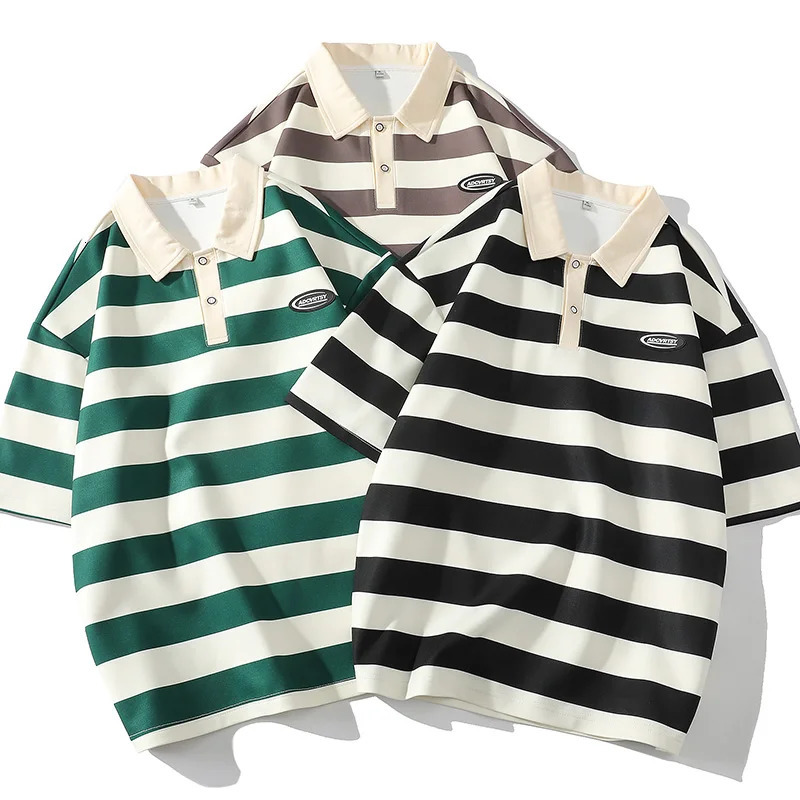 Striped Polo Shirt Men Tshirt Casual Short Sleeve Fashion Streetwear Mens Clothing Tops Tees Oversized 240701