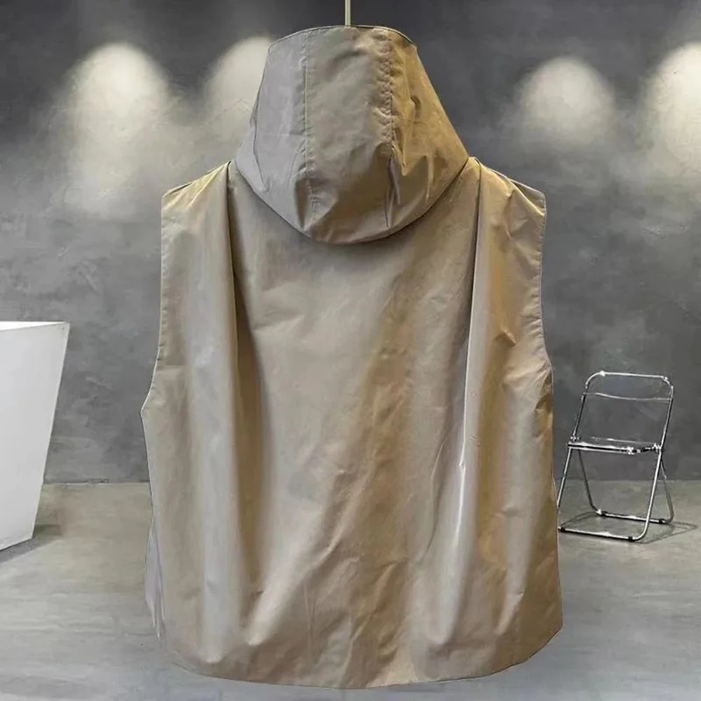 Mens Large Size Casual Vest Solid Color Hooded Outer Vest Korean Style Trendy Work Wear Pocket Outer Wear Y2k Vest 240703