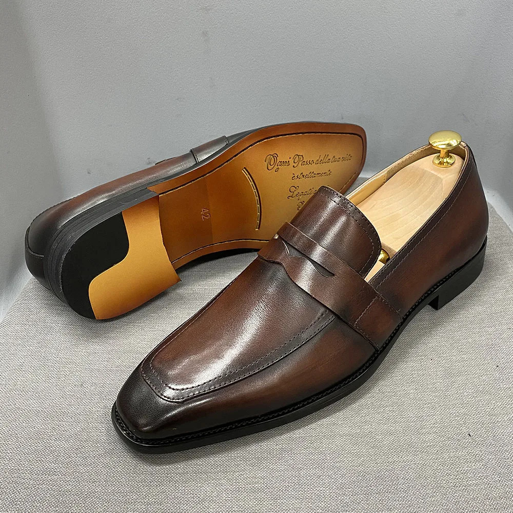 2025 new Classic Mens Penny Loafers Cow Leather Dress Brown Handmade Slip on Italian Style Office Formal Shoes 240702
