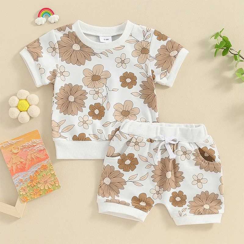 Clothing Sets Lioraitiin Newborn Baby Girls Summer Clothes Sets Kids Casual Outfits Floral Print Short Sleeve T-shirts+Pocket Shorts Beachwear R240708