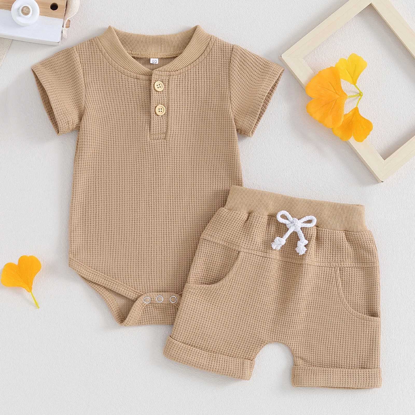 Clothing Sets Pudcoco Toddler Newborn Baby Boy Summer Clothes Solid Color Waffle Short Sleeve Button Romper with Shorts 2Pcs Outfit 0-12M R240708