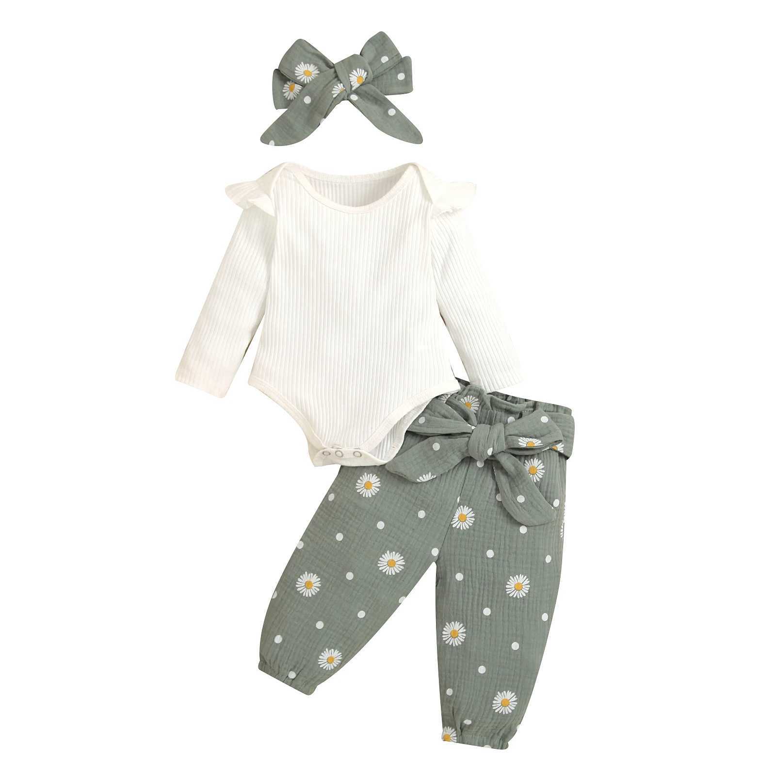Clothing Sets Infant Baby Girls 3PCS Romper Suit Long Sleeve Plain Ribbed Snap Romper + Daisies Ruched Long Pants with Belt + Bow Headband R240708