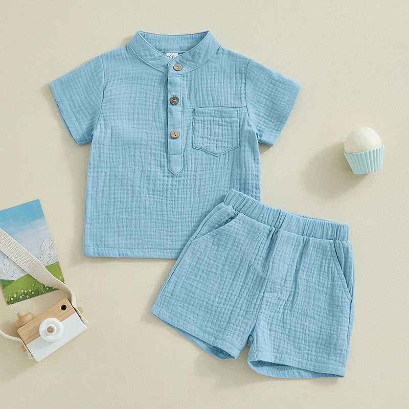 Clothing Sets Pudcoco 2Pcs Toddler Baby Boys 100% Cotton Clothes Solid Short Sleeve Button Shirt Tops Shorts Set Summer Casual Set 6M-4T R240708