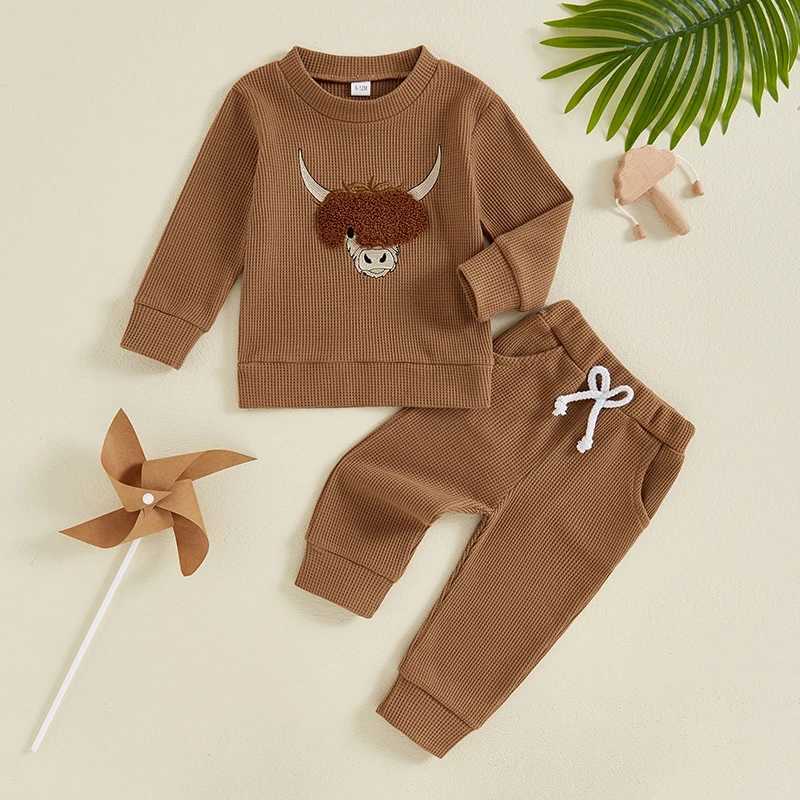 Clothing Sets 0-4Y Toddler Boys Spring Fall Pant Sets Cow Embroidered Long Sleeve Pullover Sweatshirt and Long Pants Outfits Kids Clothes Cute R240708