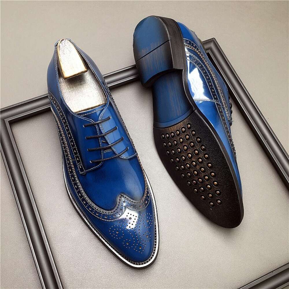 HKDQ Genuine Leather Men Brogue British Oxford Dress Fashion Wedding Pointed Tip Lace Up Business Shoes Formal Blue Shoe