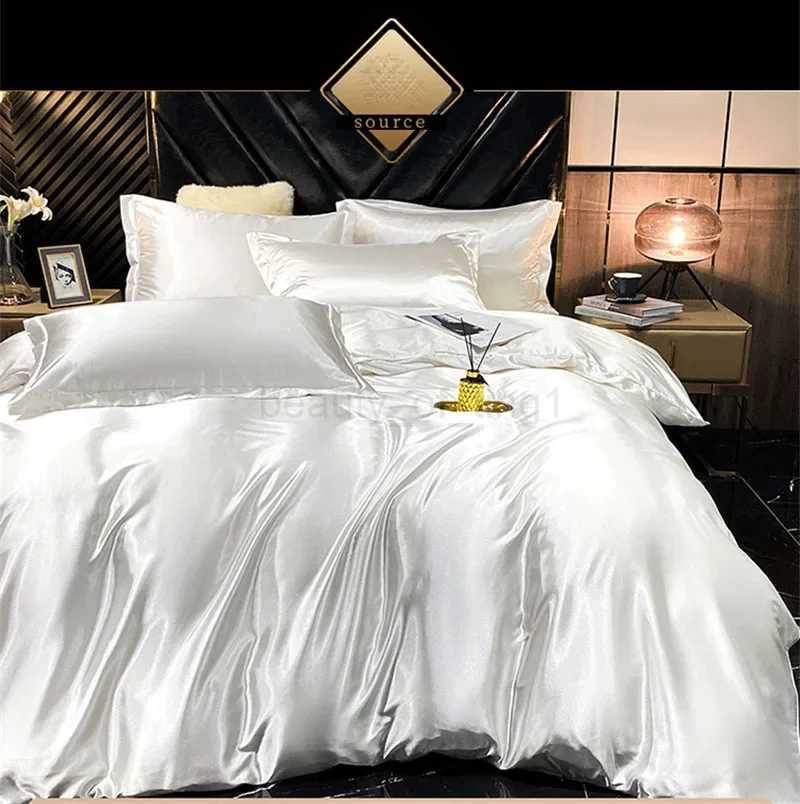 Silk bed Sheet 1/4pcs Set European Style Pure Color Mulberry Silk Satin Quilt Cover Summer Naked Sleeping Bedding BedXQ240708