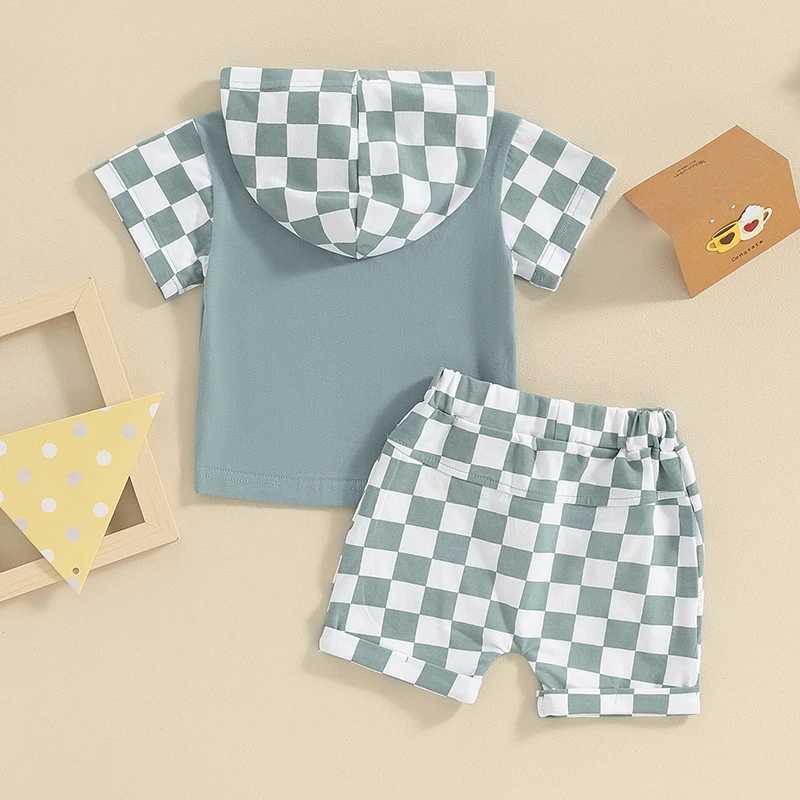 Clothing Sets 2024-01-09 Lioraitiin Toddler Baby Boy Summer Outfit Short Sleeve Letter Print Hooded Tops+Elastic Waist Checkerboard Shorts Set R240708