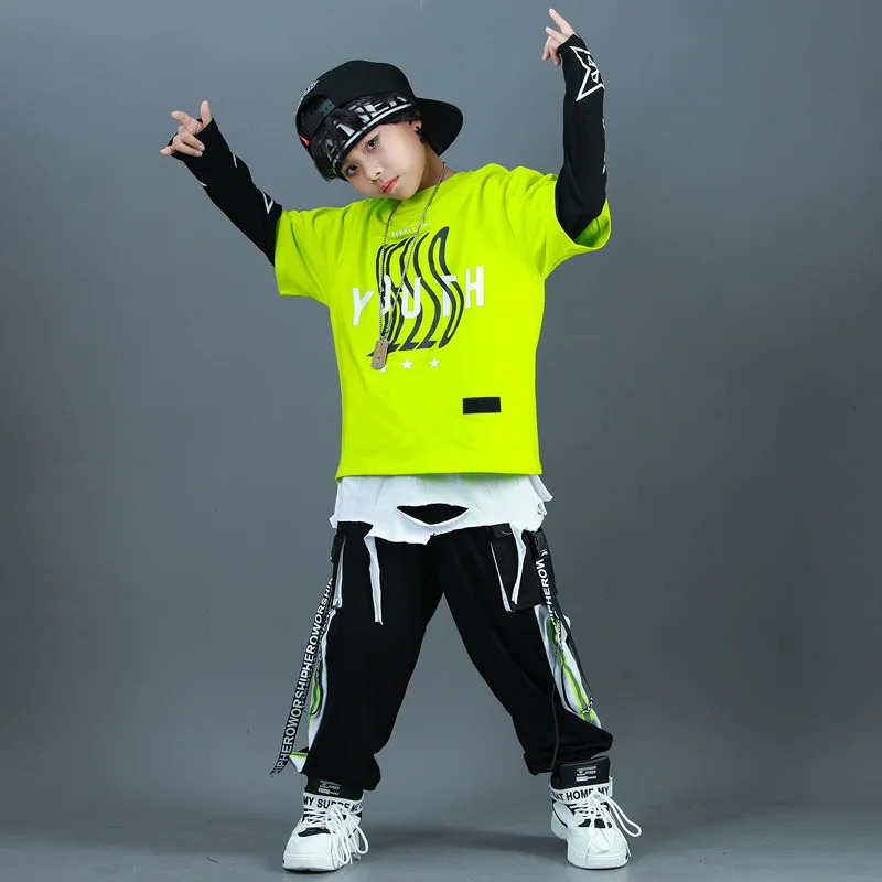 Kids Fashion Hip Hop Clothing Oversize Green Hoodie Streetwear Black Cargo Shorts For Girls Boys Jazz Dance Costume Clothes 240703