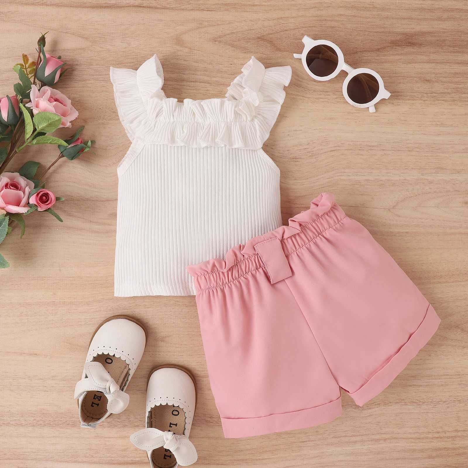 Clothing Sets Toddler Kids Baby Girls Summer Outfit Sets White Sleeveless Ruffle Ribbed Tops + Solid Color Shorts 2Pcs Set 6M-5T R240708