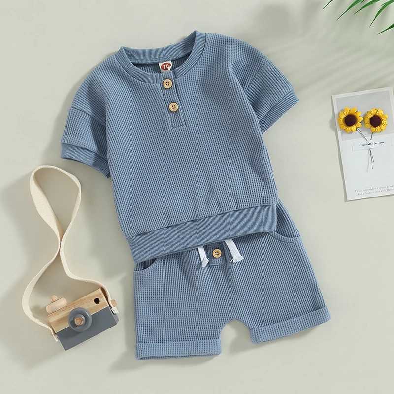 Clothing Sets 2023-02-17 Lioraitiin 0-3Years Infant Boys Summer Clothes Outfits Solid Buttons Crew Neck Short Sleeve Tops Shorts 2Pcs Suit R240708