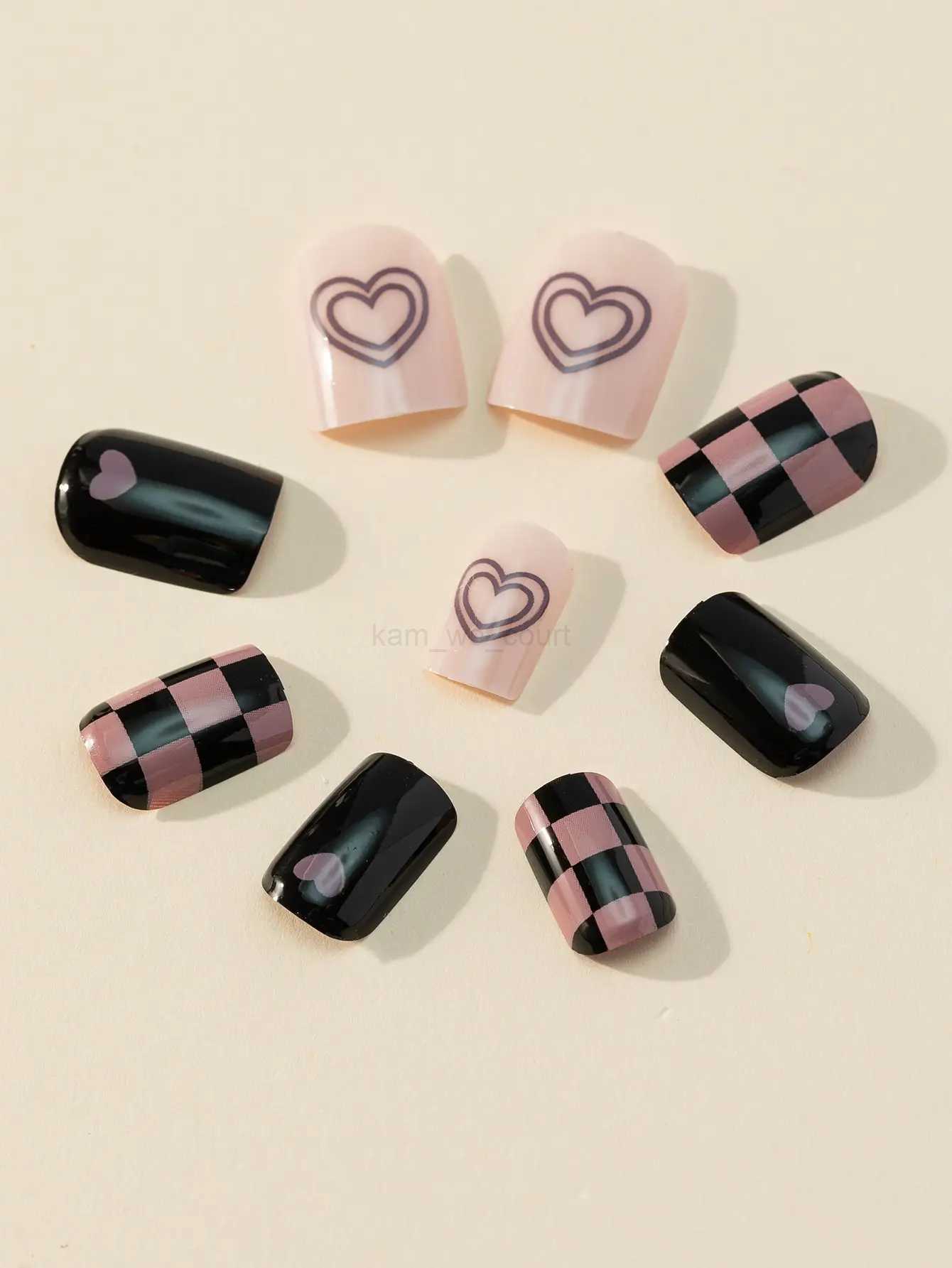 Purple impact love checkerboard wearing nail sheet short cool black fake nails 24 pieces net celebriM240708