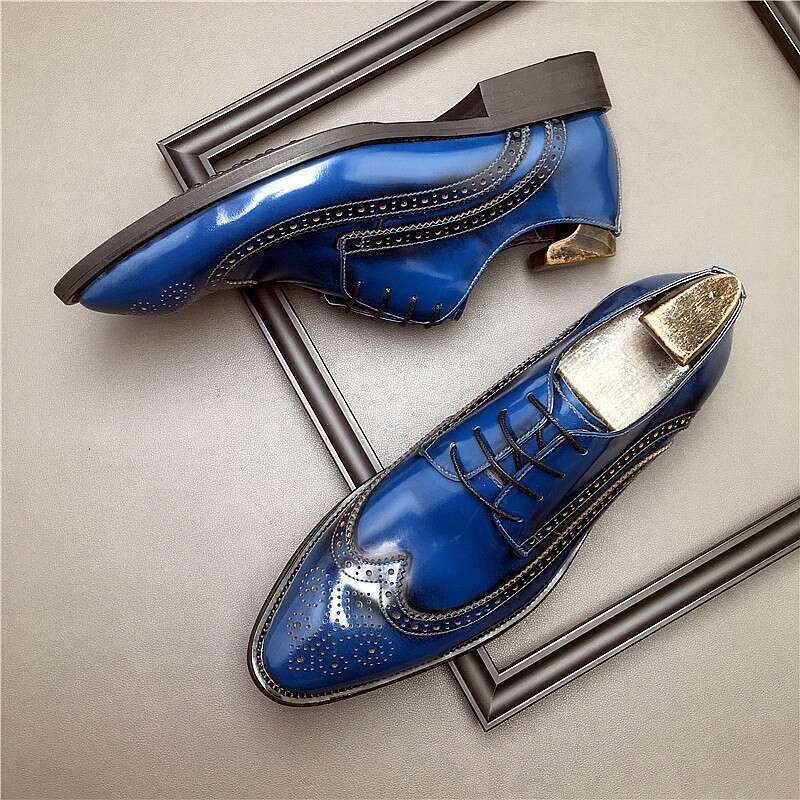 HKDQ Genuine Leather Men Brogue British Oxford Dress Fashion Wedding Pointed Tip Lace Up Business Shoes Formal Blue Shoe