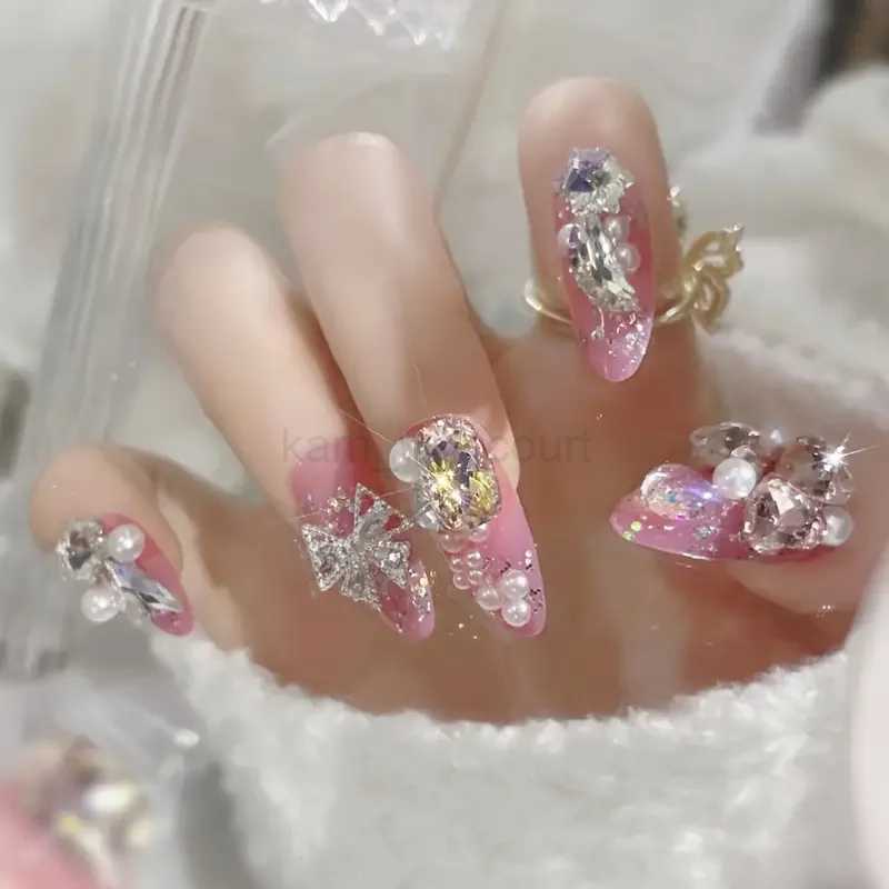 24PCS/Set Long Oval False Nails 3D Heart Sparkling French Press On Nails Pink Full Cover Fake Nail Crystal Gem Design Nails TipsM240708