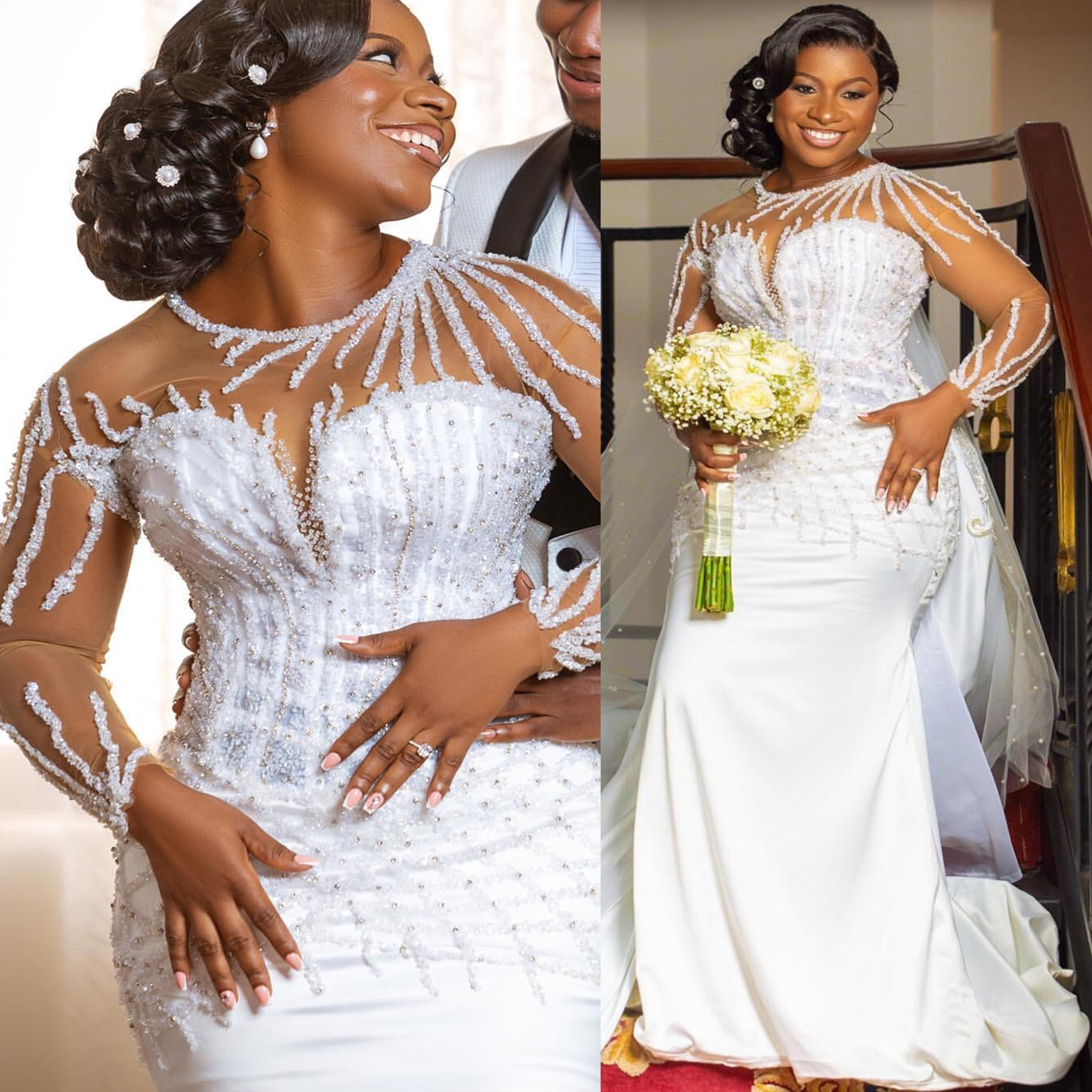 2024 Arabic Aso Ebi Plus Size White Mermaid Wedding Dress Lace Beaded Crystals Vintage African Bridal Gowns Dress ZJ064