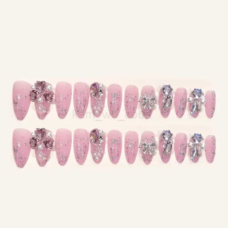24PCS/Set Long Oval False Nails 3D Heart Sparkling French Press On Nails Pink Full Cover Fake Nail Crystal Gem Design Nails TipsM240708