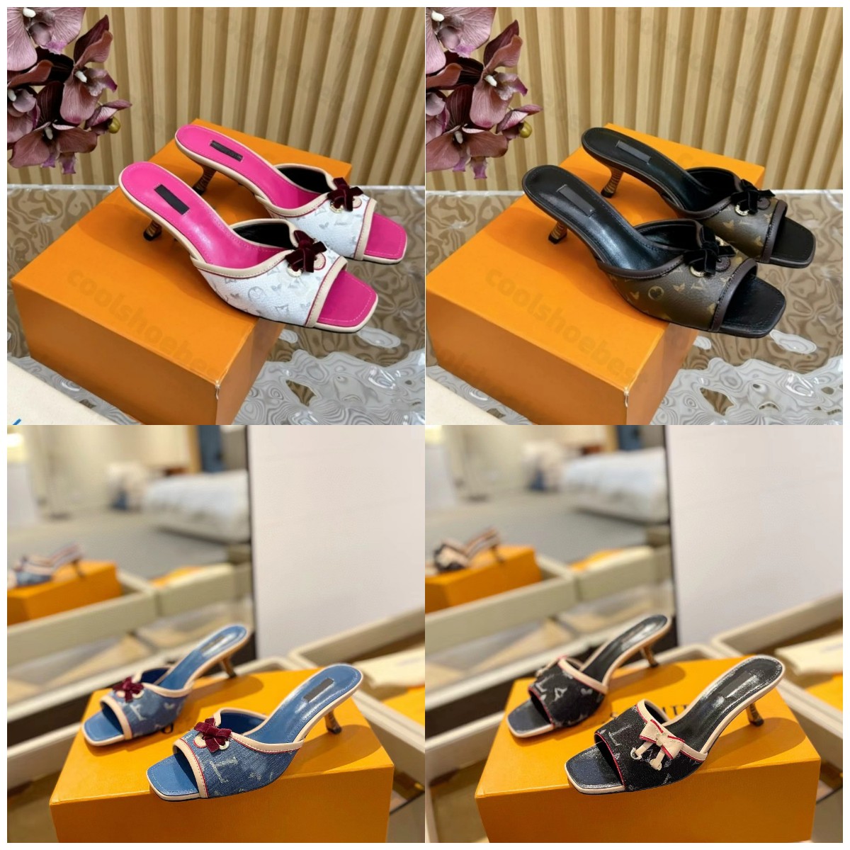 Designer High Heel Sandals Retro Bow Sandals Kitten Heel Slippers Women High-quality Vintage Leather Shoes Square Toe Bow Sandals
