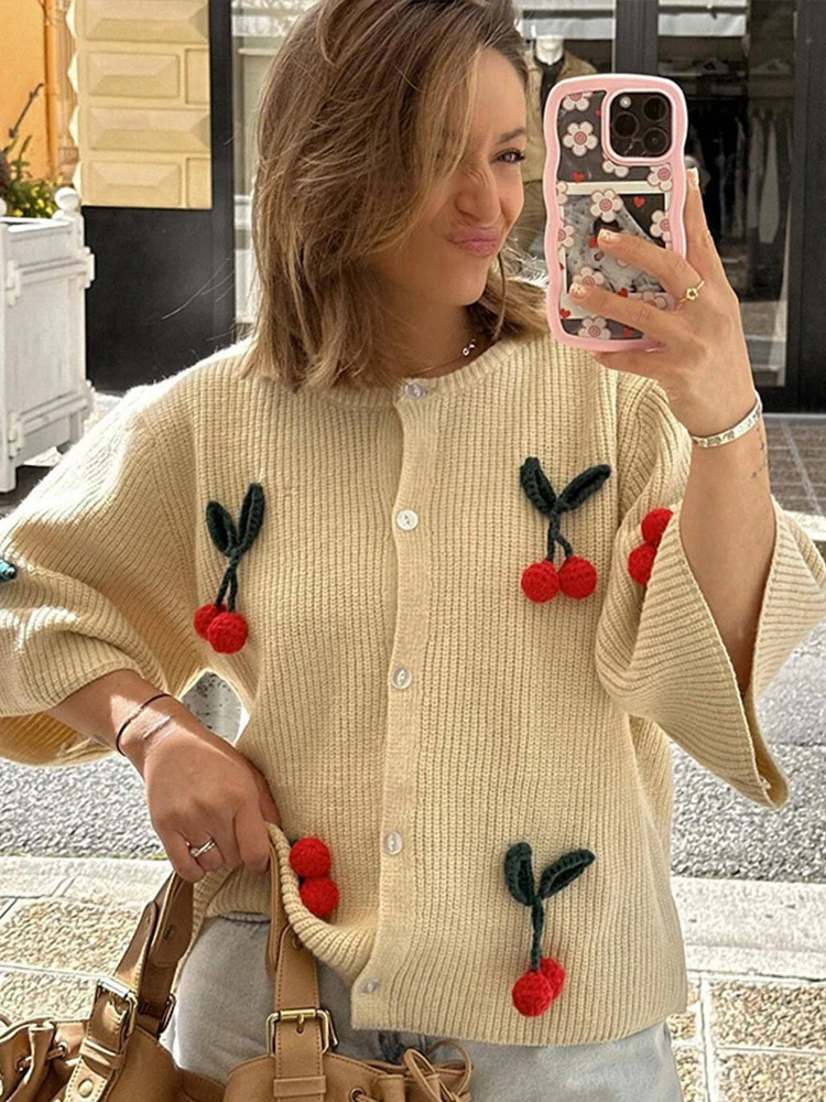 3d Cherry Knit Shirts Women Fashion O-neck Single Breasted Half Sleeve Open Stitch Female Blouses 2024 Spring Summer Lady Tops 240703