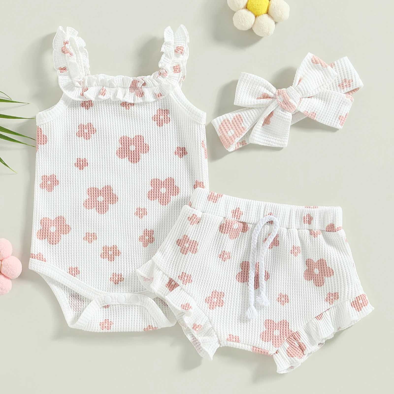Clothing Sets Infant Newborn Baby Girls 3Pcs Summer Outfits Floral Sleeveless Strap Romper + Shorts + Headband Set 0-18M R240708