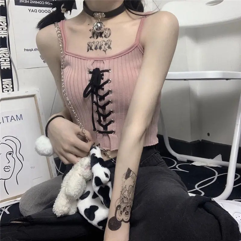 Y2k Womens Tops Backless Crop Top Sleeveless Kawaii Cute White Knitted Camis Tank Top Summer Cropped Vest Female 2000s Clothing 240703