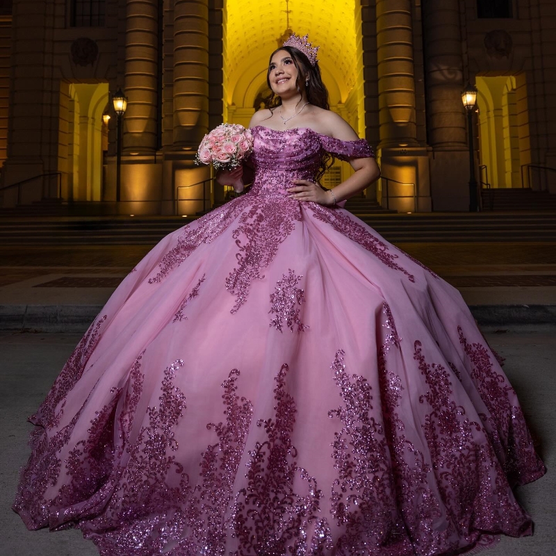Pink Off The Shoulder Sequined Appliques Lace Ball Gown Quinceanera Dresses Pearls Beading Bow Corset Vestidos De 15 Anos