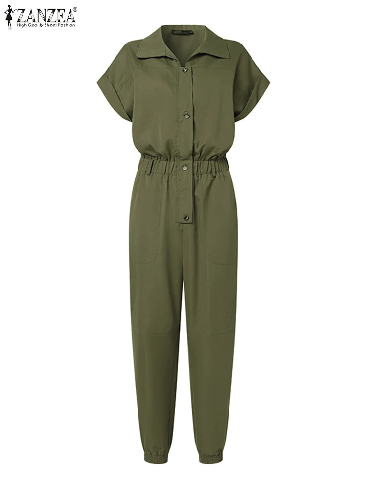 ZANZEA Women Overall Summer Fashion Cargo Jumpsuits Lapel Short Sleeve Rompers Elegant Lady Playsuits Vintage Work Pants Belted 240703