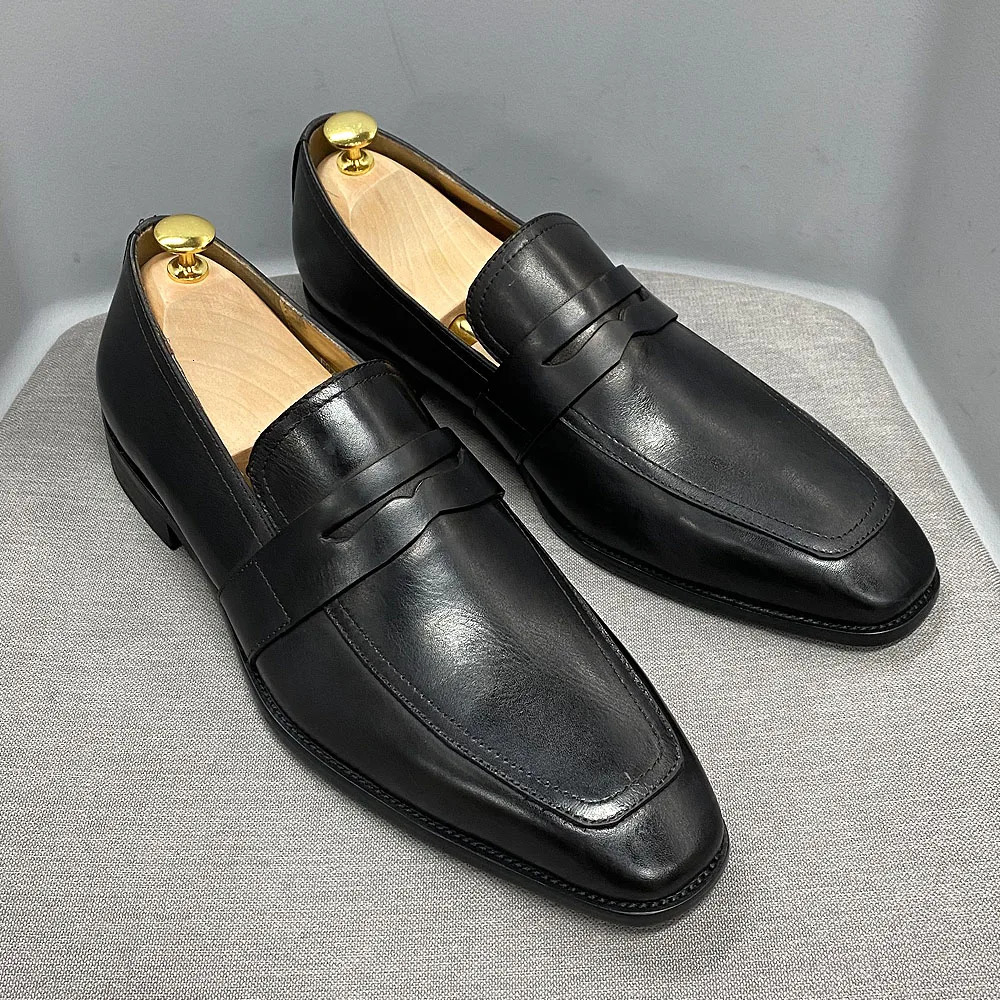 2025 new Classic Mens Penny Loafers Cow Leather Dress Brown Handmade Slip on Italian Style Office Formal Shoes 240702