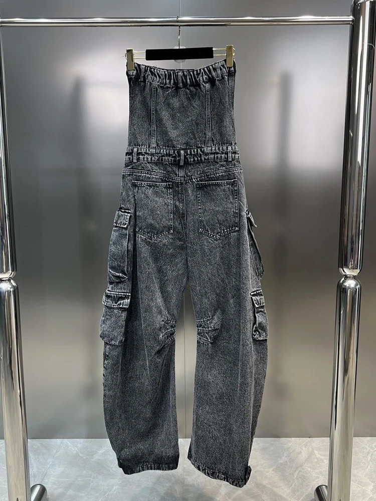 CHICEVER Streetwear Denim Jumpsuits For Women Strapless Sleeveless Off Shoulder High Waist Cargo Pants Y2K Style Jumpsuit Female 240701