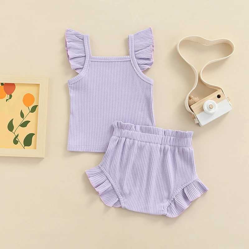 Clothing Sets Newborn Infant Baby Girl Two-Piece Solid Outfits Solid Color Flying Sleeve Romper + Elastic Drstring Short Pants R240708