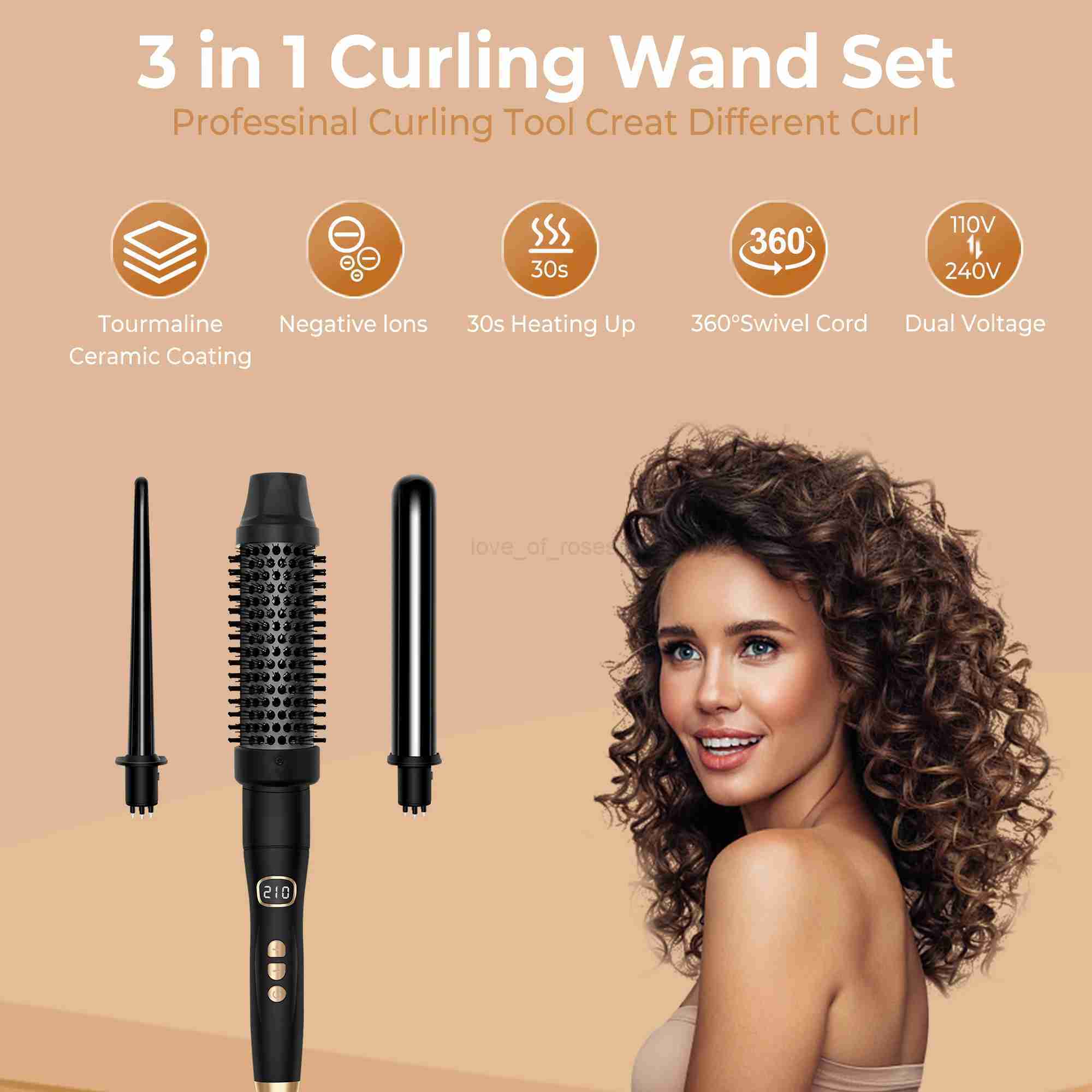 Curling Iron Wand Set Thermal Brush 3 in 1 Hair Curling Wands Interchangeable Ceramic Hair Curler Heated Brush Styling ToolsM240708