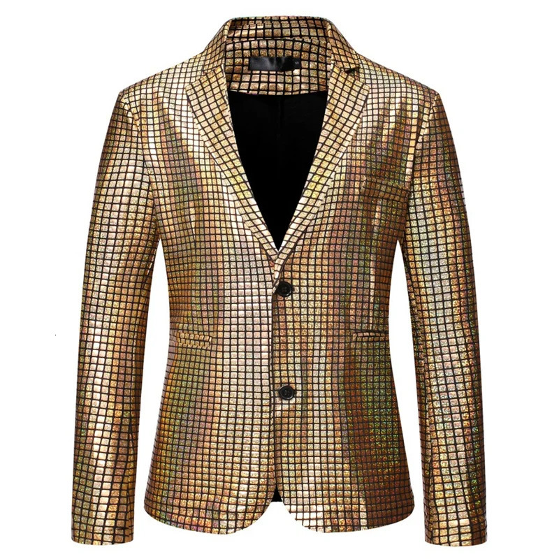 Fashion Trend Men Rainbow Plaid Suit Jacket Gold Silver Mens Dance Party Casual Thin Loose Blazer Coats 240626