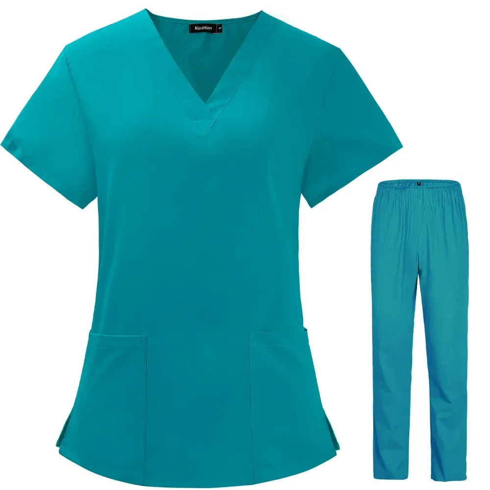 Summer Thin Unisex Scrubs Set for Man Women Beauty Salon Nurse Scrubs Suit Lab Spa Uniforms V-Neck Pet Grooming Work Wear 240704