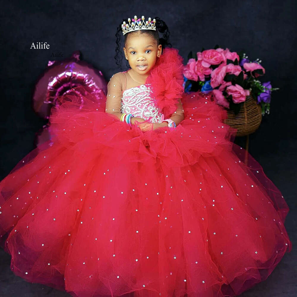 2023 Red Crystals Flower Dresses Ball Gown Tulle Sheer Neck Vintage Little Girl Christmas Peageant Birthday Christening Tutu Dress Gowns Zj4240 0708