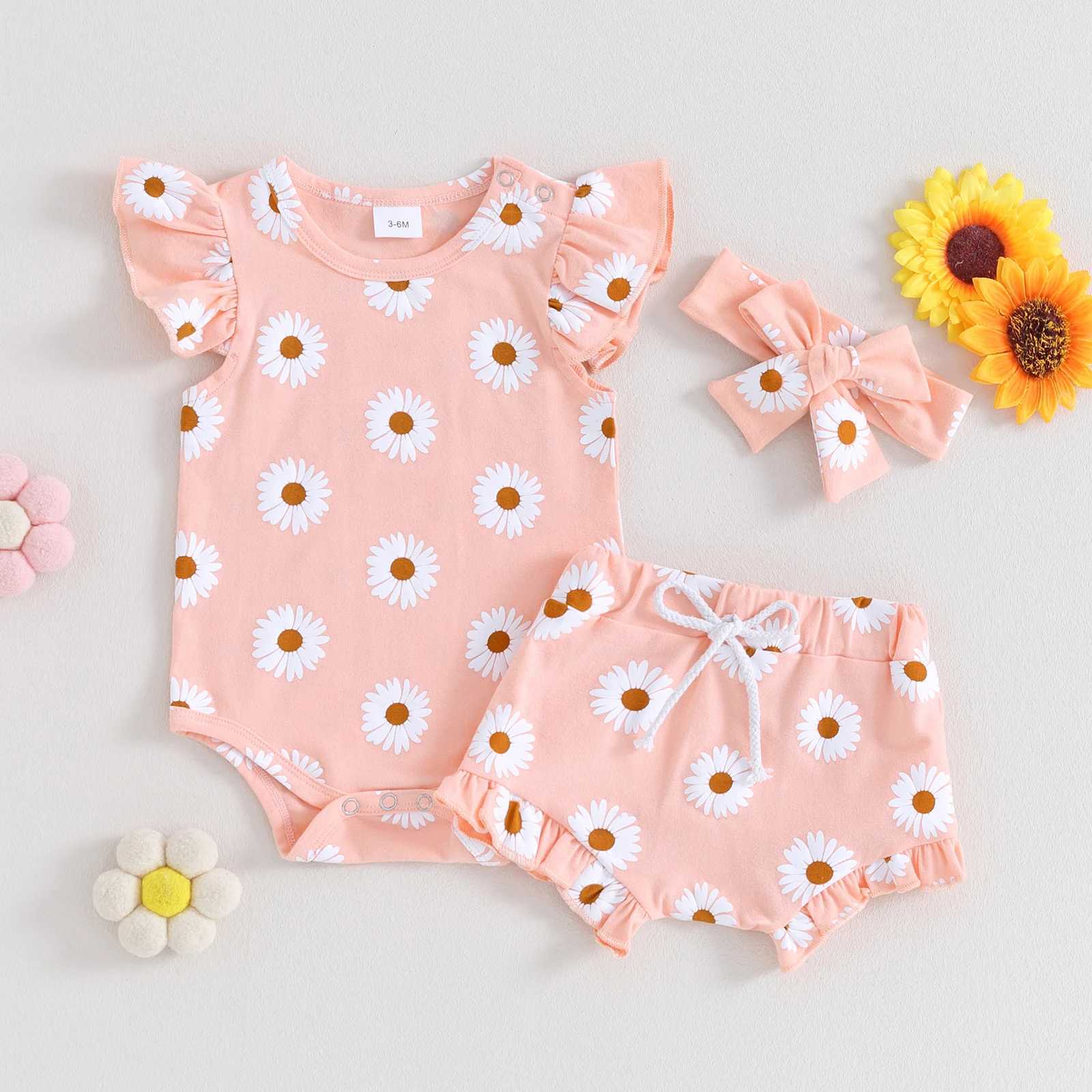 Clothing Sets Pudcoco Infant Newborn Baby Girl 3 Piece Clothes Daisy Print Romper and Ruffle Elastic Shorts Headband Set Summer Outfits 0-18M R240708