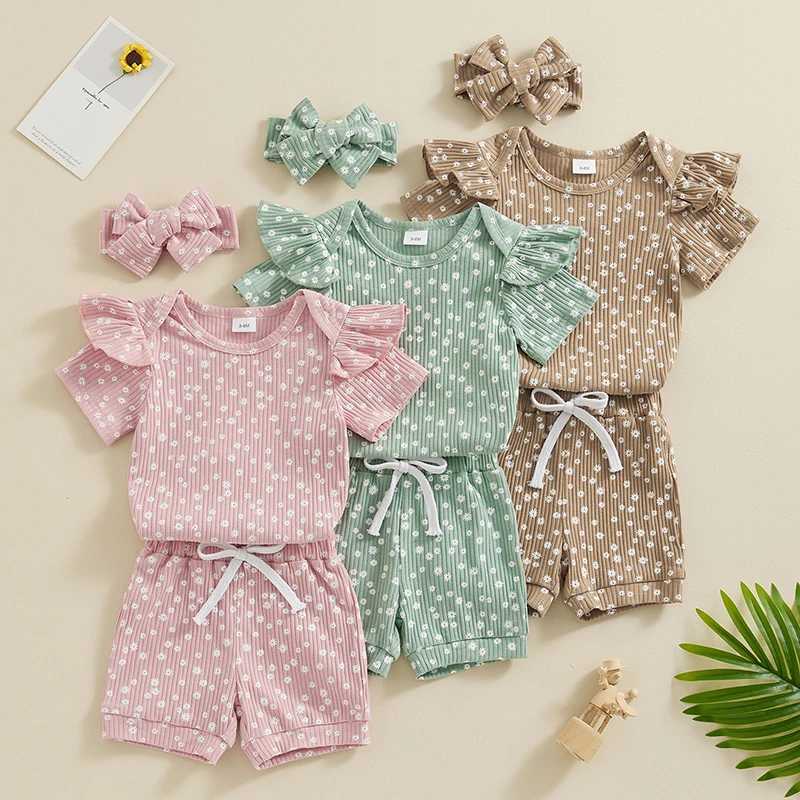 Clothing Sets Pudcoco Infant Baby Girls Shorts Outfits Floral Print Short Sleeve Romper with Shorts and Heaband 3 Pcs Summer Set 0-18M R240708