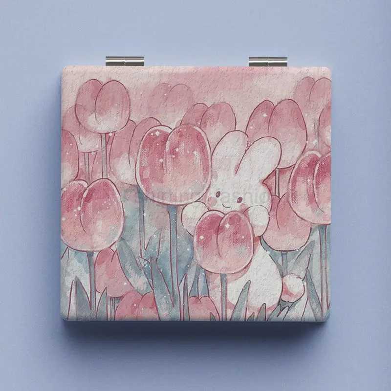 1pcs Tulip Bunny Cute Compact Mirror Makeup Mirror Square Folding Double-Sided Make Up Mirror Pocket Portable Compact For GirlsCL240708