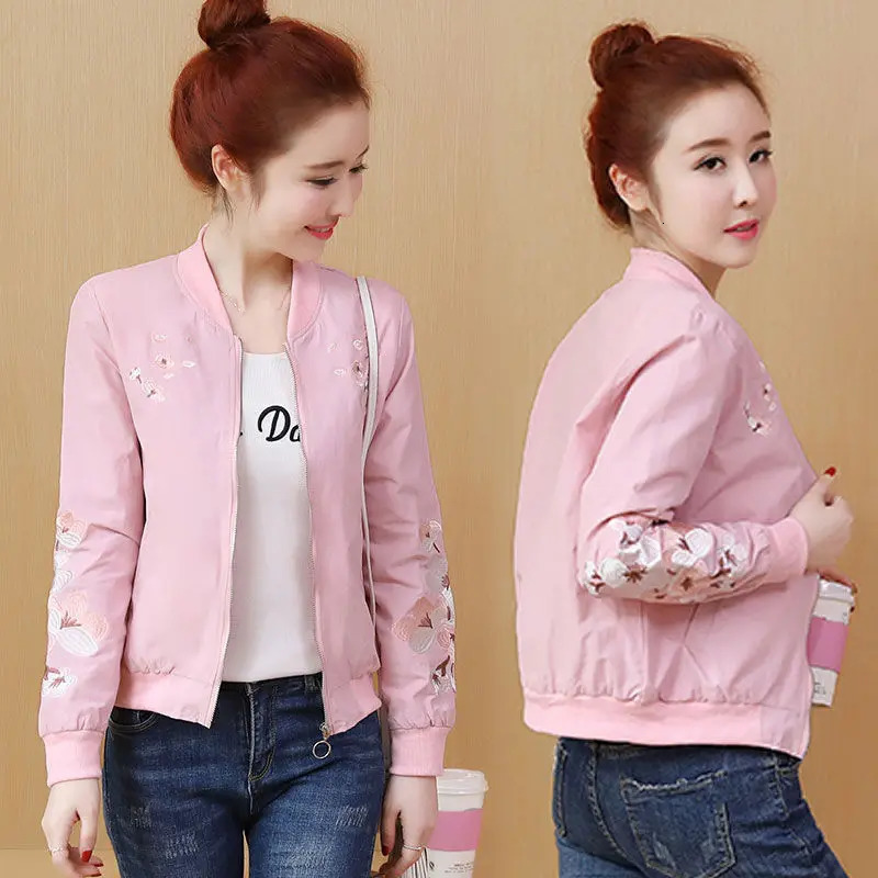 Flower Embroidery Short Jacket Women Spring Pink Black Baseball Uniform Basic Coats Casual Outerwear C6070 240701