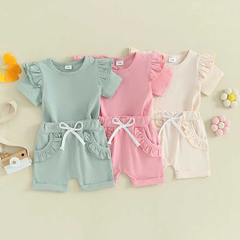 Clothing Sets 2023-12-21 Lioraitiin 0-3Y Kid Baby Girls Clothes Set Short Sleeve Solid O-Neck T-shirt with Elastic Waist Shorts Summer Outfit R240708