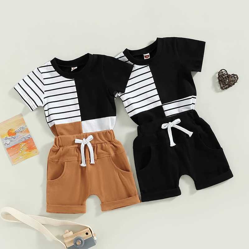 Clothing Sets 2023-02-14 Lioraitiin 0-3Years Toddler Baby 2Pcs Summer Outfits Patchwork Short Sleeve Contrast Color Tops Pocket Shorts Set R240708