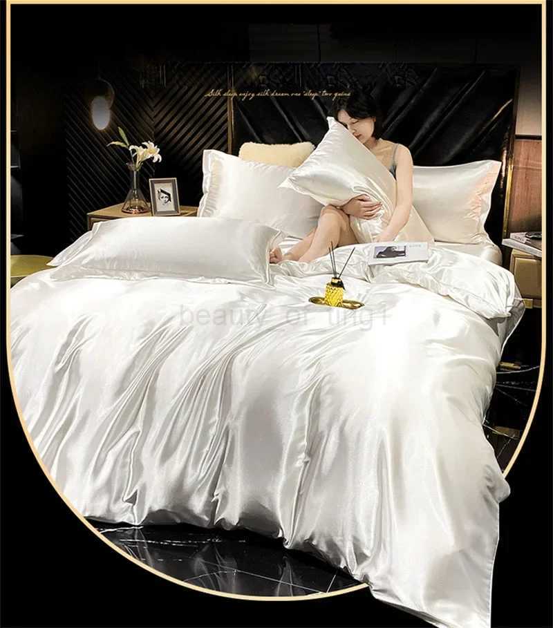 Silk bed Sheet 1/4pcs Set European Style Pure Color Mulberry Silk Satin Quilt Cover Summer Naked Sleeping Bedding BedXQ240708