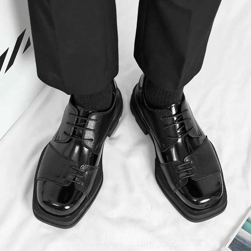 Men Genuine Leather Derby Vintage Square Toe Male Lace Up Platform Dress New Black Business Footwear Wedding Shoes 240702